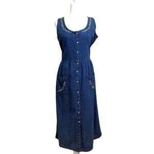 The Vermont Country Store Dress Denim Embroidered Sleeveless Blue Button-Up Sz M